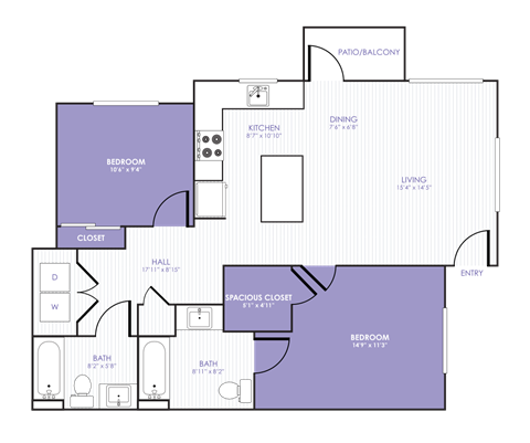 Floor plan for 2 beds, 2 baths, 887 sqft